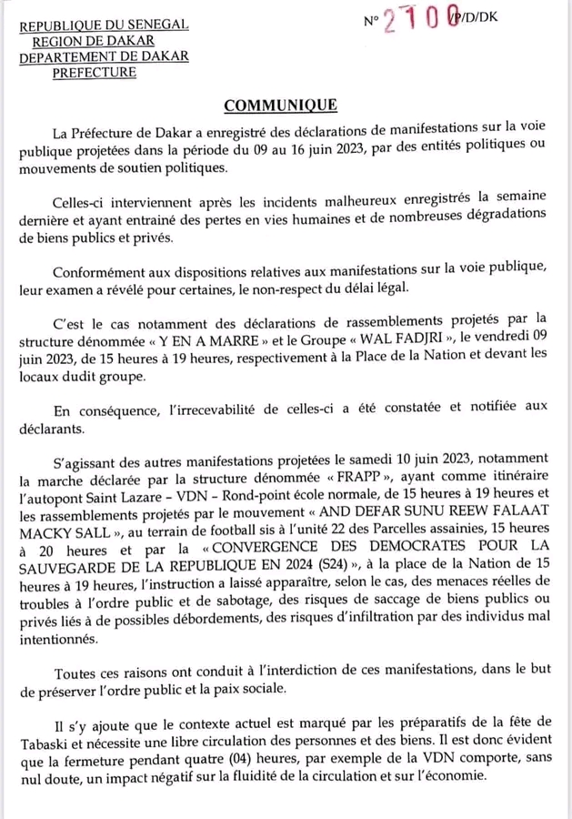 Lire la suite à propos de l’article DAKAR: Toutes les manifestations en fin de semaine sont interdites par le préfet