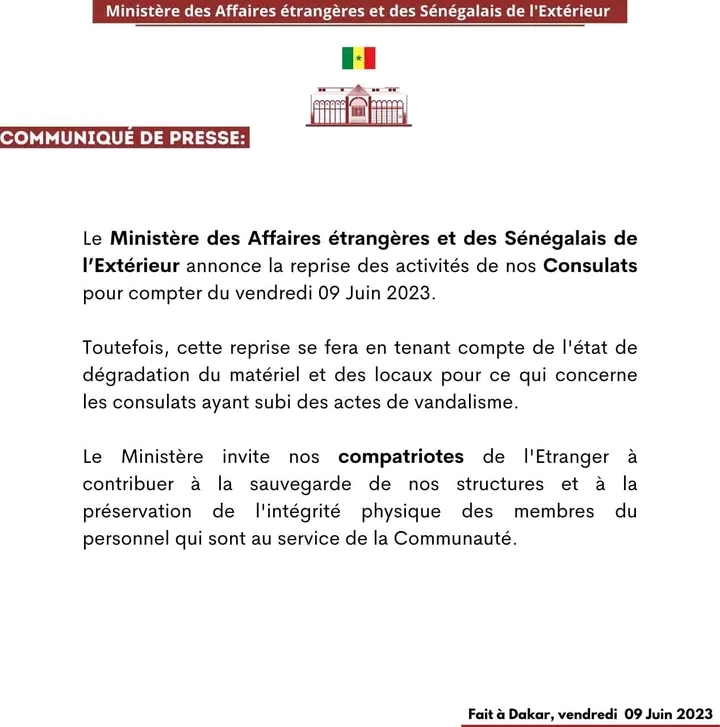 Lire la suite à propos de l’article Le ministère des affaires étrangères et des sénégalais de l’extérieur annonce la réouverture…..