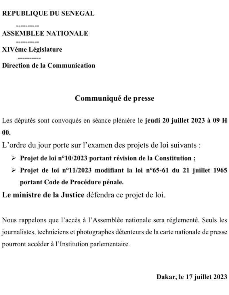 Lire la suite à propos de l’article Les députés sont convoqués en séance plénière le jeudi 20 juillet 2023 à 09 H00. L’ordre du jour porte sur l’examen de deux projets de loi.