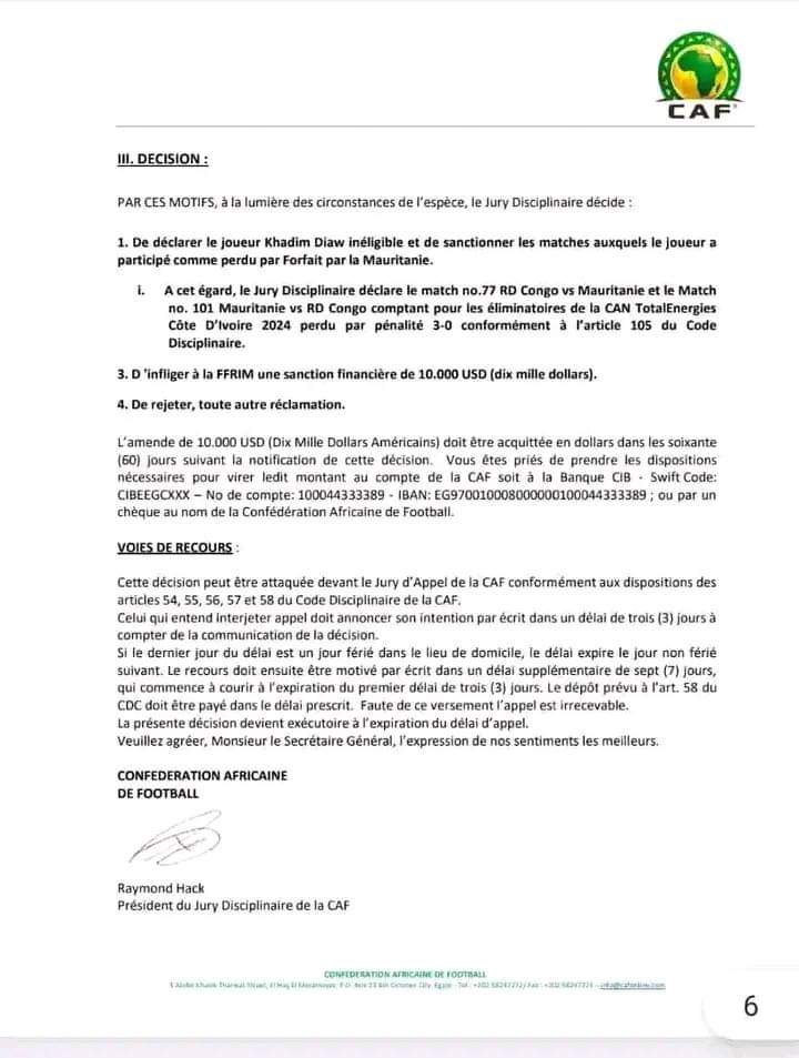 Lire la suite à propos de l’article AFRIQUE FOOTBALL: l’affaire du joueur Khadim Diaw, la Mauritanie sanctionnée et amandée à payer dix milles dollars